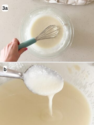 Pasta water is mixed with the Pecorino Romano until it forms a creamy, pourable mixture.