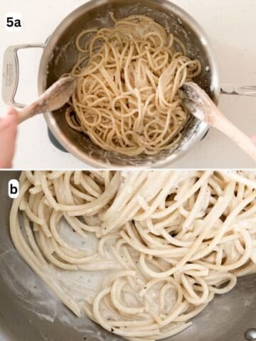 The pasta is tossed in the Pecorino Romano mixture until evenly coated and emulsified.