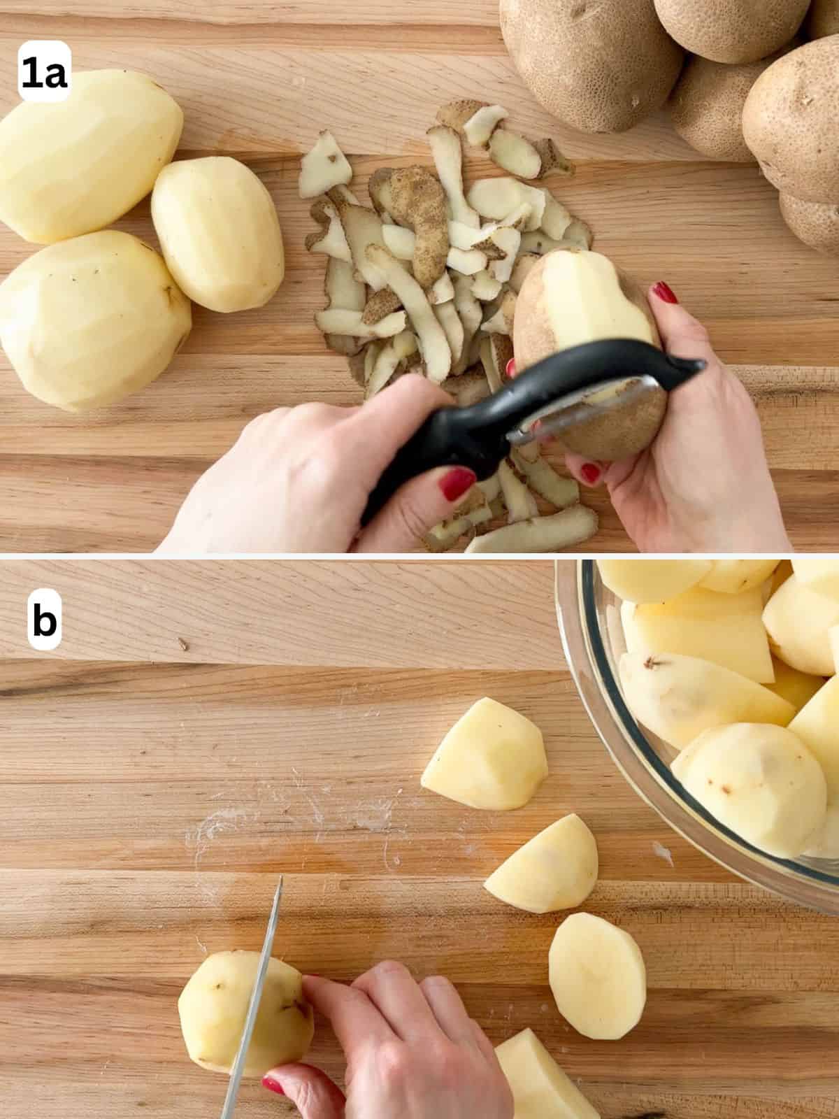 The potatoes are peeled and cut into even-sized pieces.