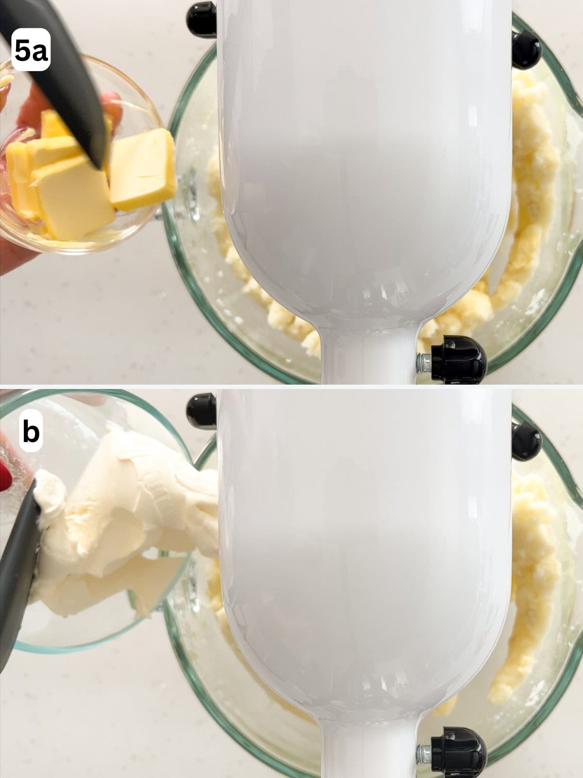 Butter and cream cheese are whisked into the mashed potatoes.