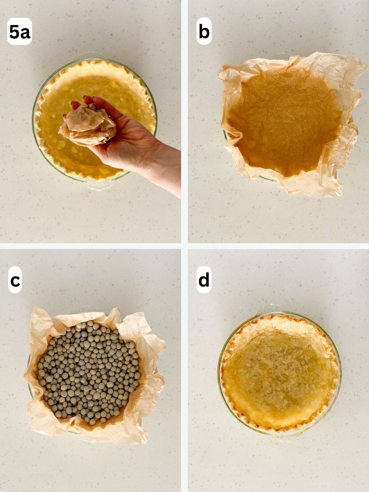 Pie dough filled with pie weights is par-baked until lightly golden.