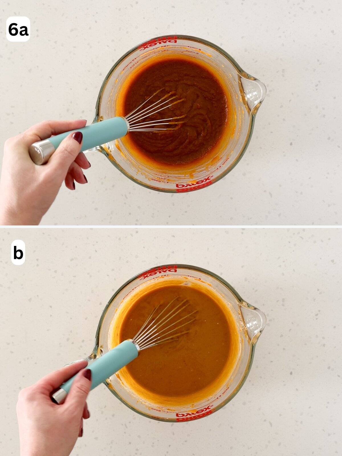 The filling for pumpkin custard pie is whisked in a bowl.