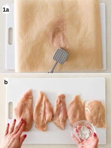 The chicken cutlets are pounded thin and seasoned with salt and pepper.