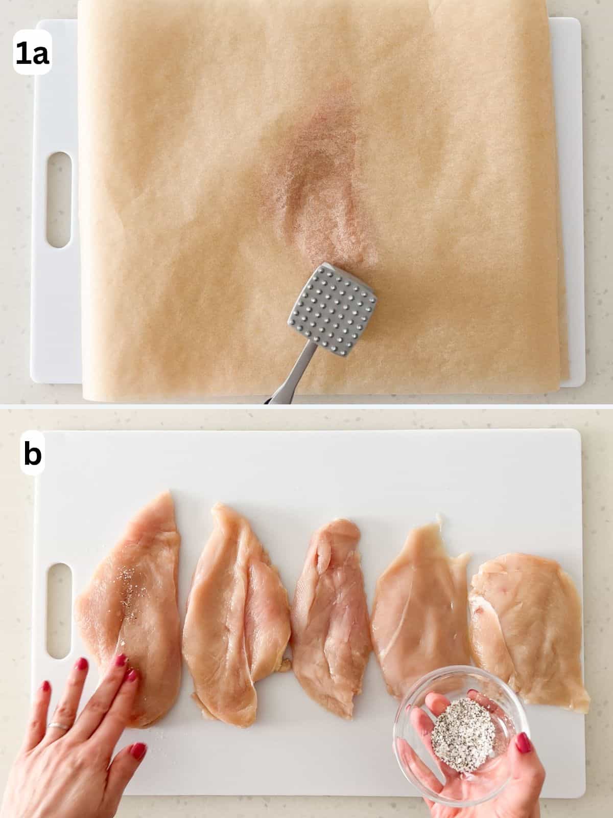 The chicken cutlets are pounded thin and seasoned with salt and pepper.