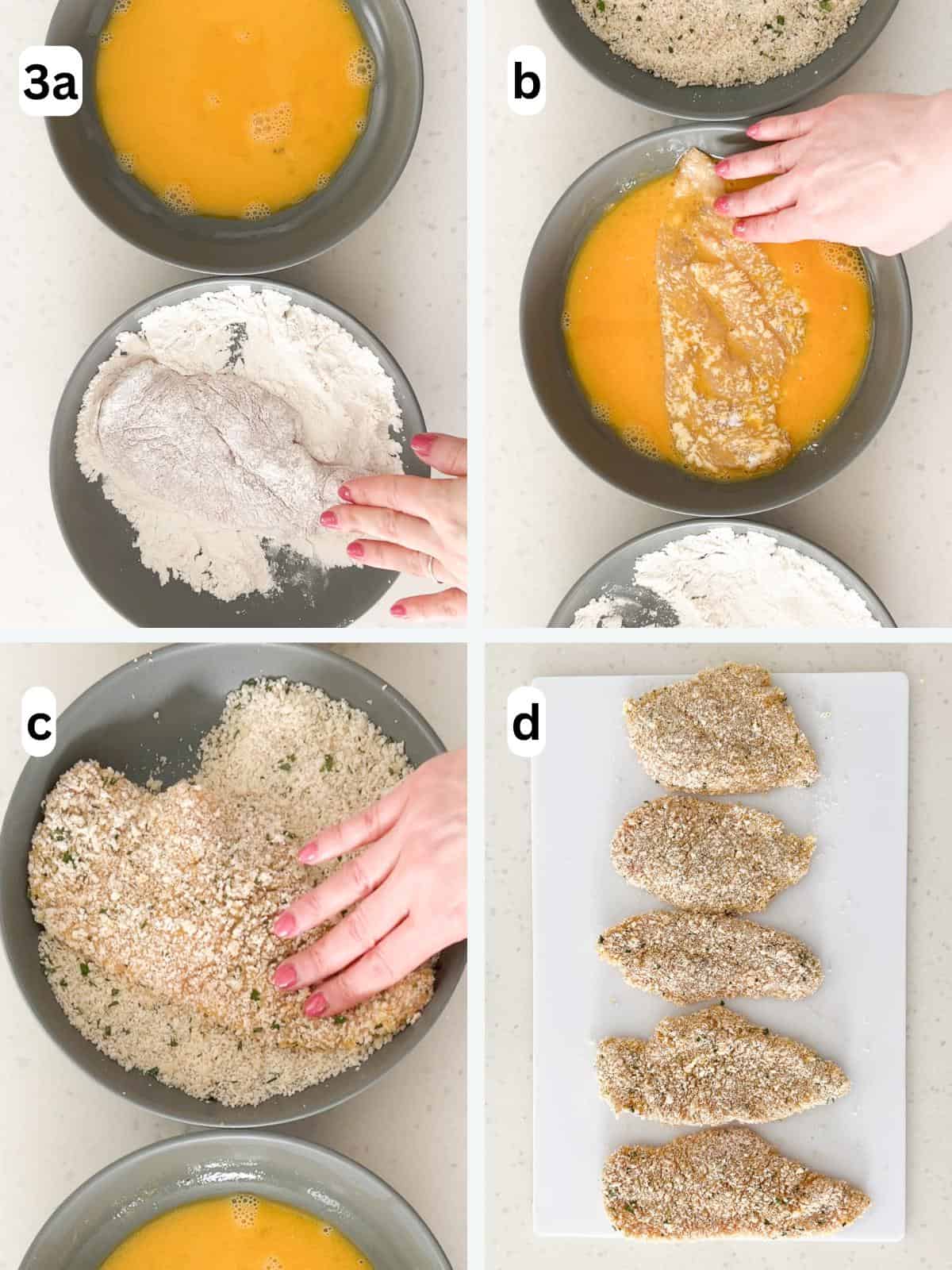 Cutlets are dredged in flour, dipped in the egg mixture, and pressed into the seasoned breadcrumbs.