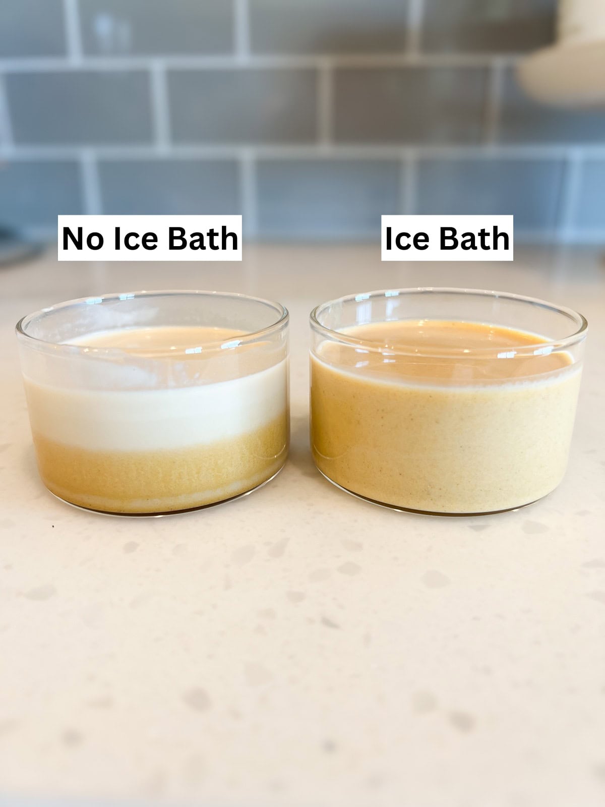 Comparison between a panna cotta without an ice bath and with an ice bath.