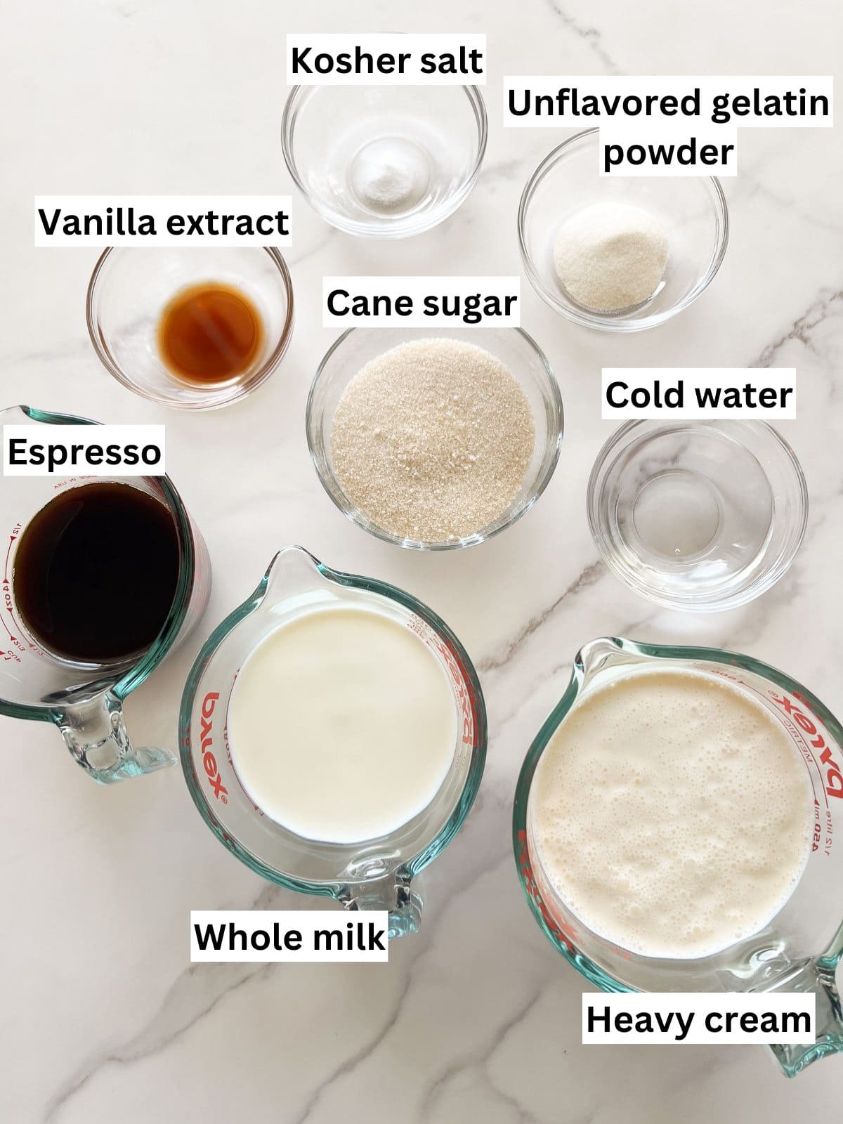 The ingredients to make coffee panna cotta.