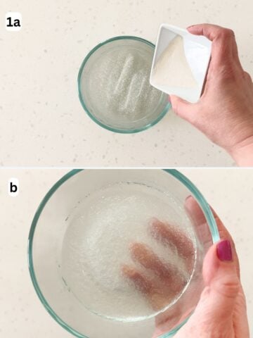 Gelatin is sprinkled across the top of water and bloomed to a jelly-like consistency.