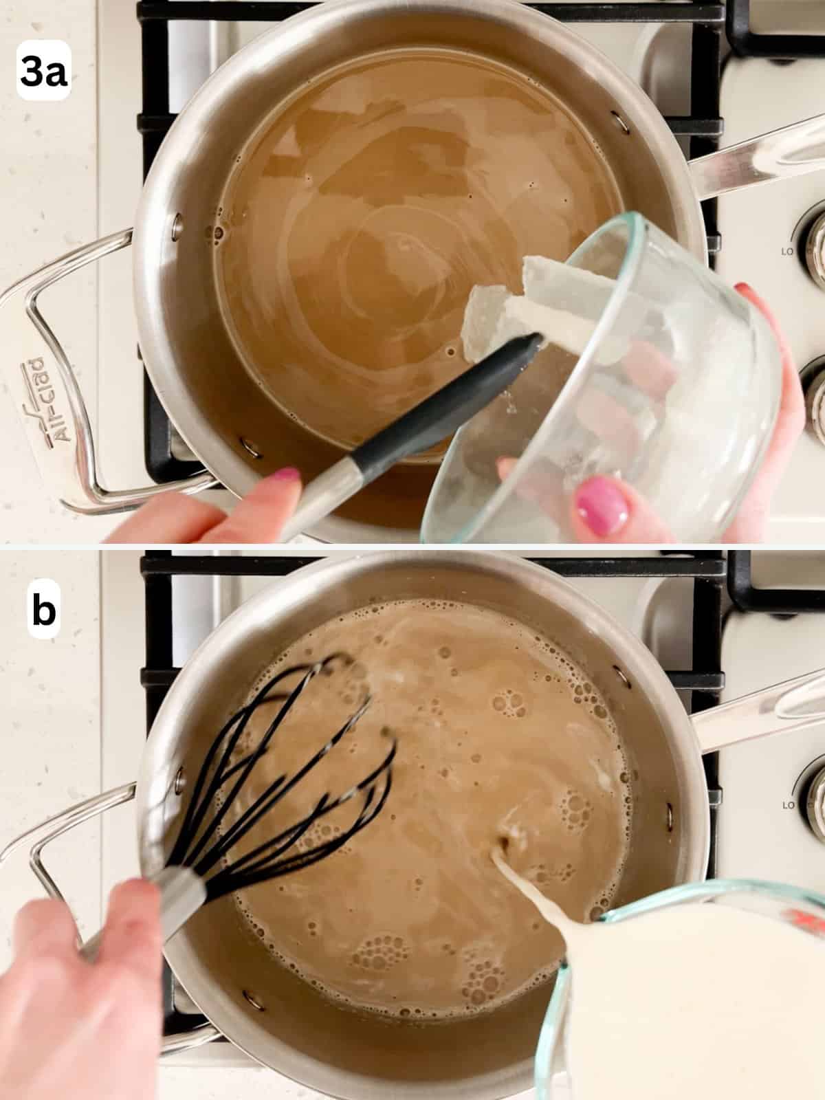 Bloomed gelatin and heavy cream are stirred into the panna cotta base until combined.