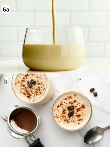 The panna cotta is poured into individual glasses and served once chilled.