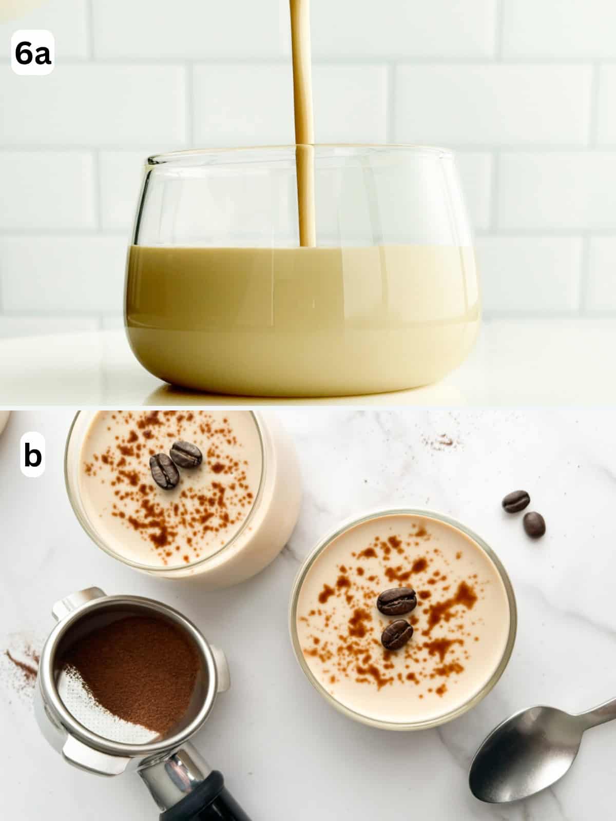 The panna cotta is poured into individual glasses and served once chilled.