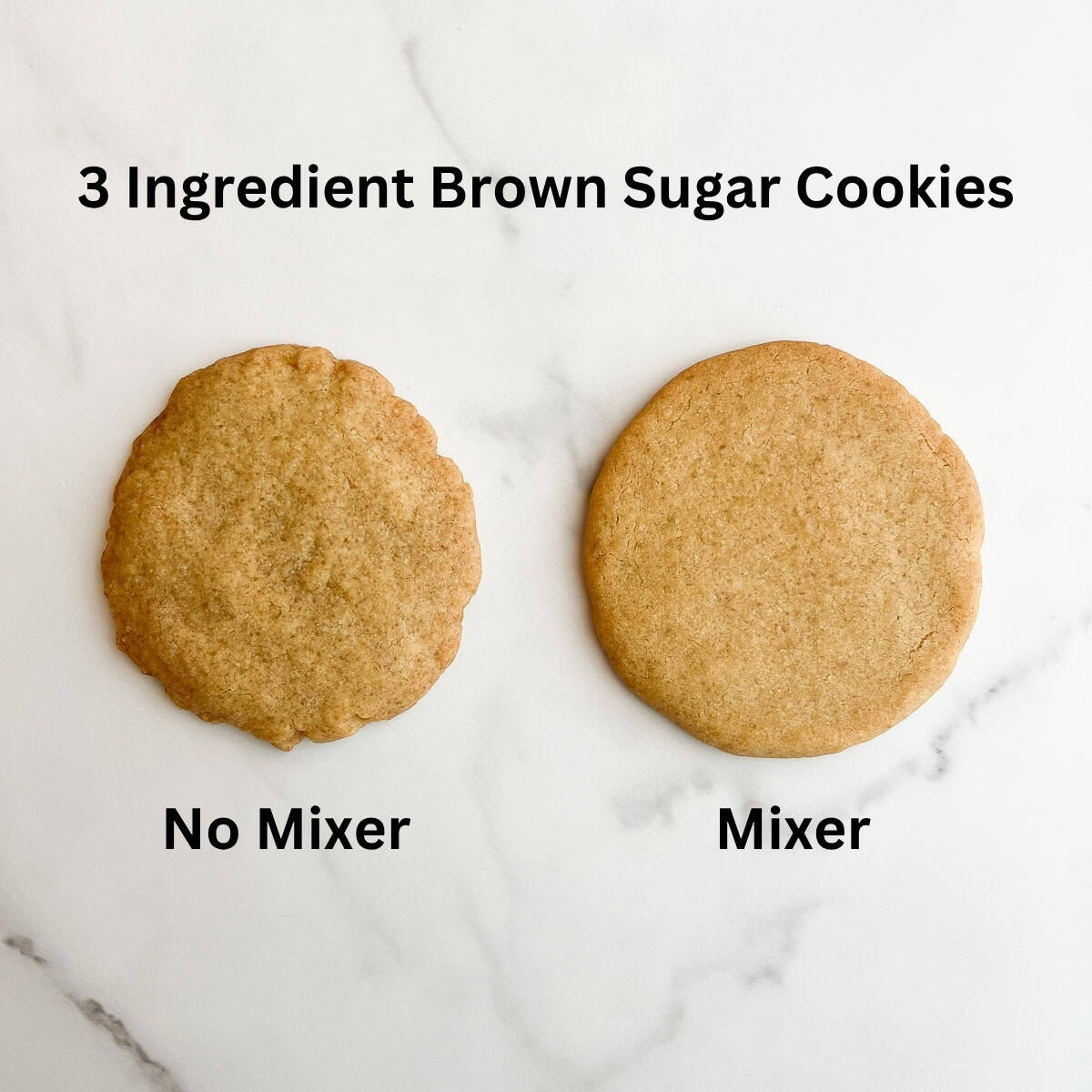 Side by side comparison of 3 ingredient brown sugar cookies made with a mixer versus no mixer.