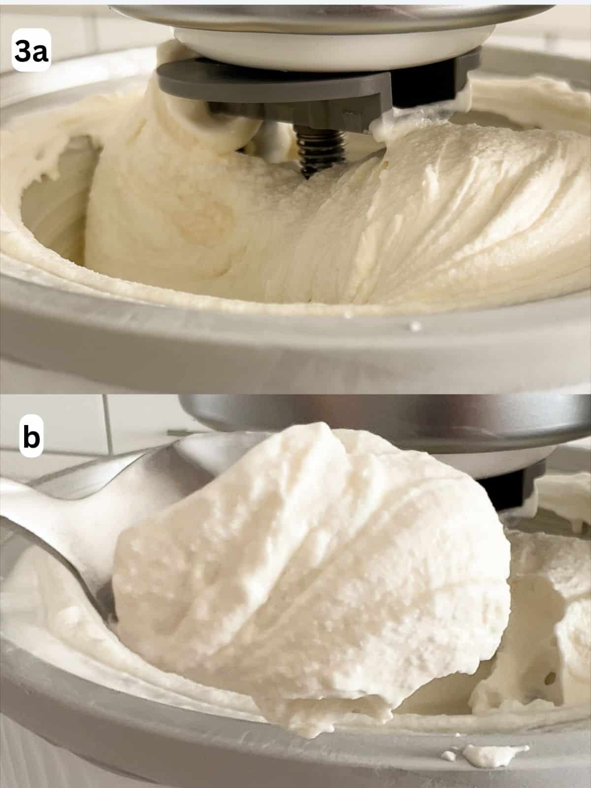 Vanilla ice cream thickens into a soft serve consistency as it churns.