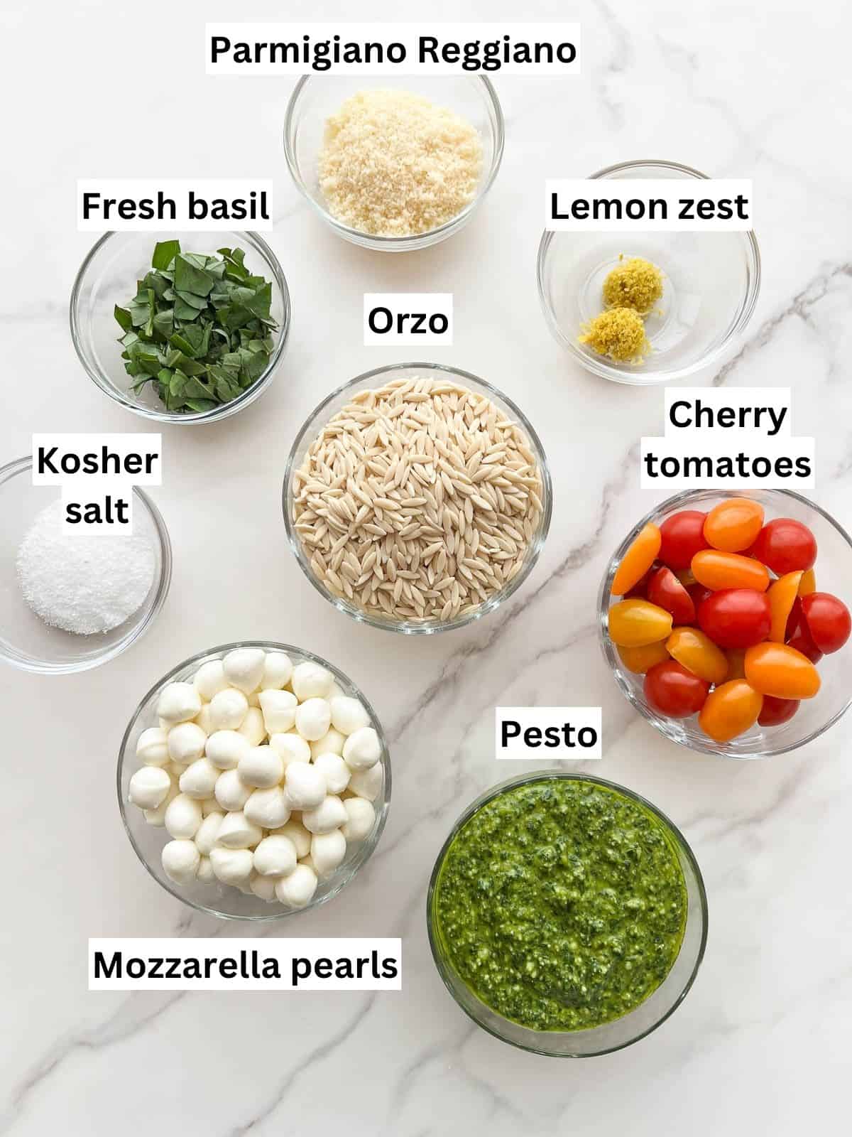 The ingredients to make orzo pesto pasta salad.