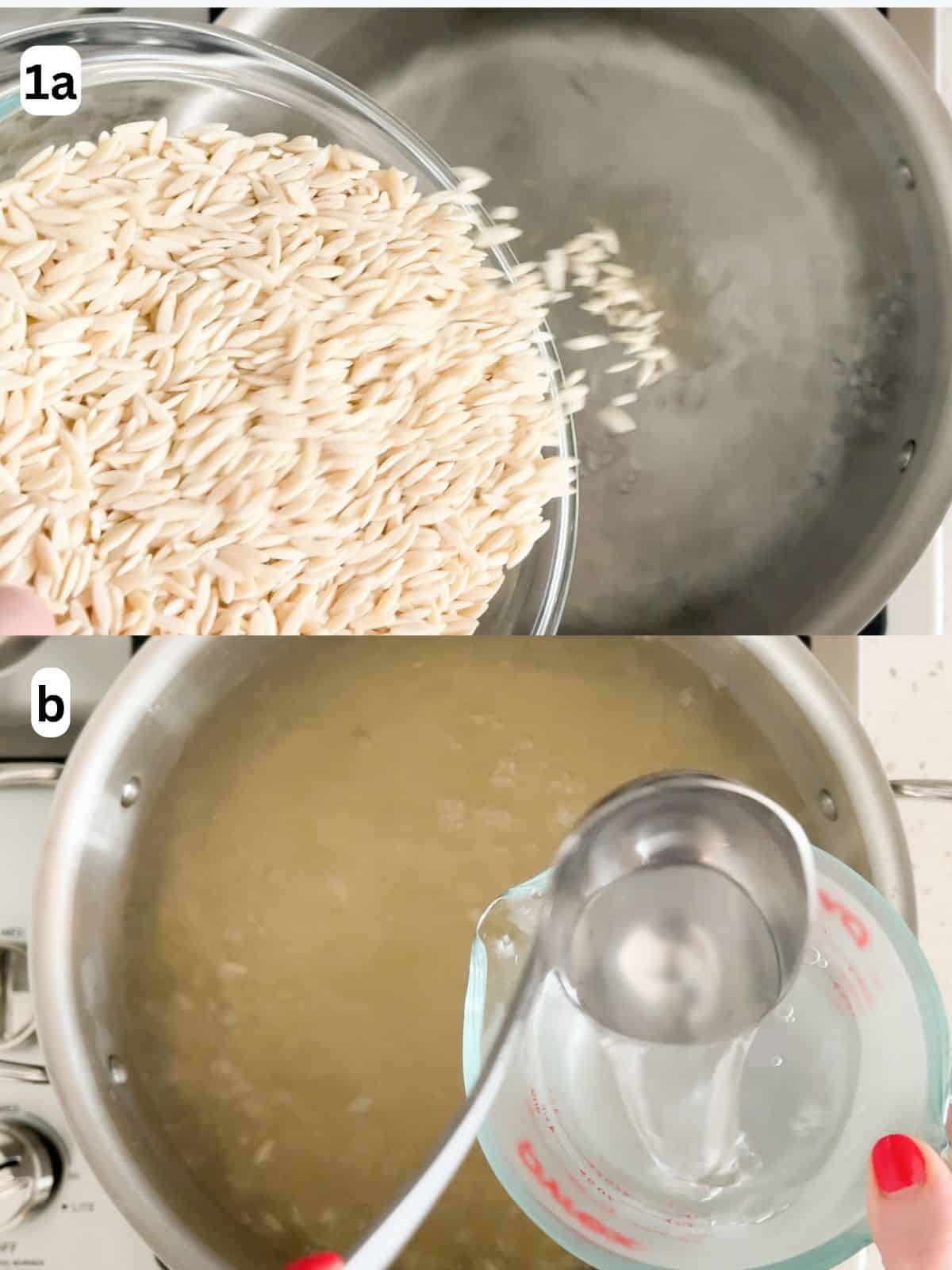 Orzo is poured into boiling water and pasta water is reserved.