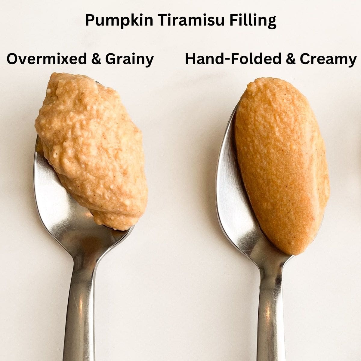 Grainy overmixed and creamy hand-folded pumpkin tiramisu fillings side by side.